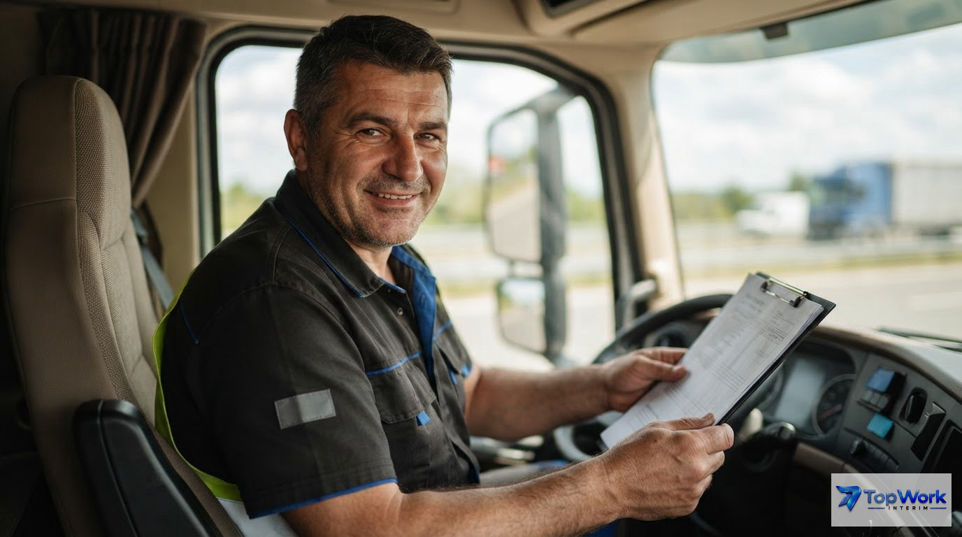 Un chauffeur professionnel souriant tenant des documents de transport.