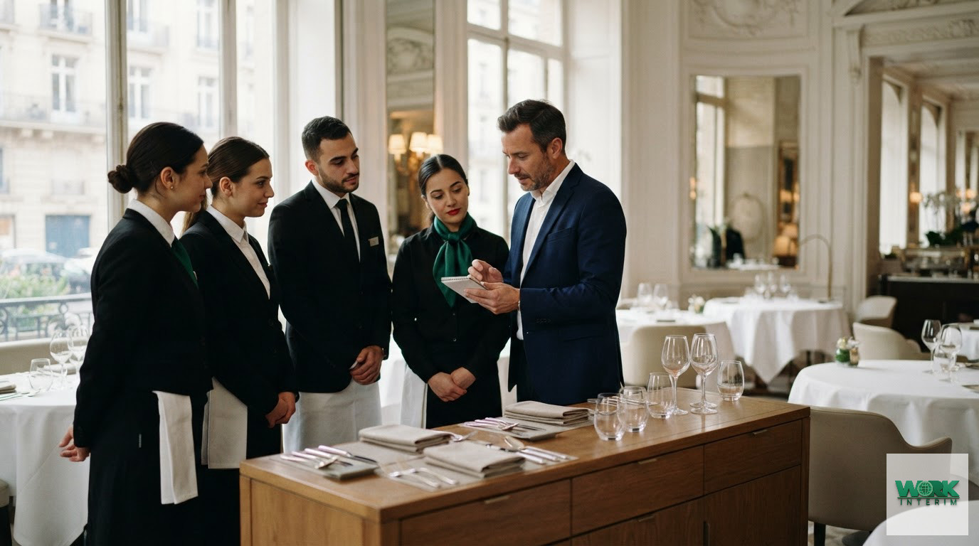 Briefing matinal d'une équipe mixte dans un prestigieux hôtel cinq étoiles.