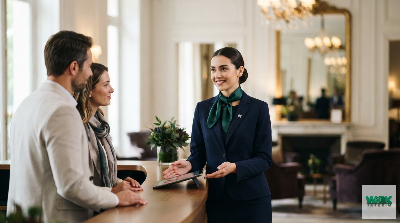 Une réceptionniste roumaine en uniforme accueille des clients dans un palace parisien.