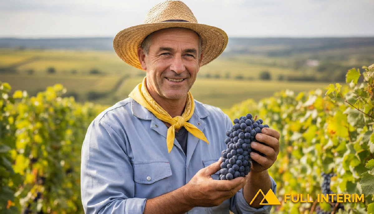 Ouvrier agricole roumain souriant dans un vignoble français, heureux de récolter le raisin.