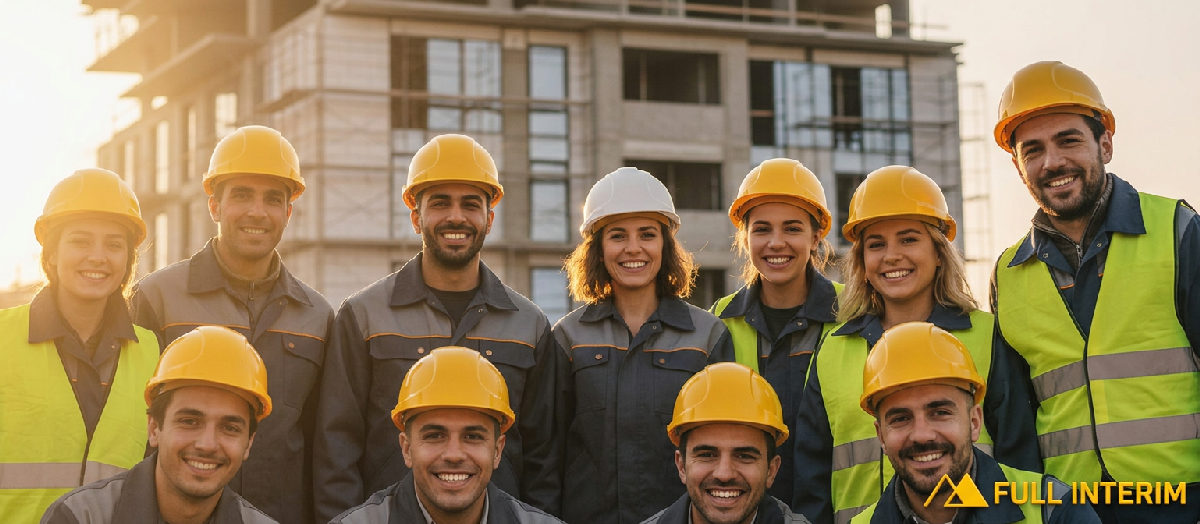 Équipe de construction mixte franco-roumaine souriante devant un bâtiment achevé. Succès partagé.