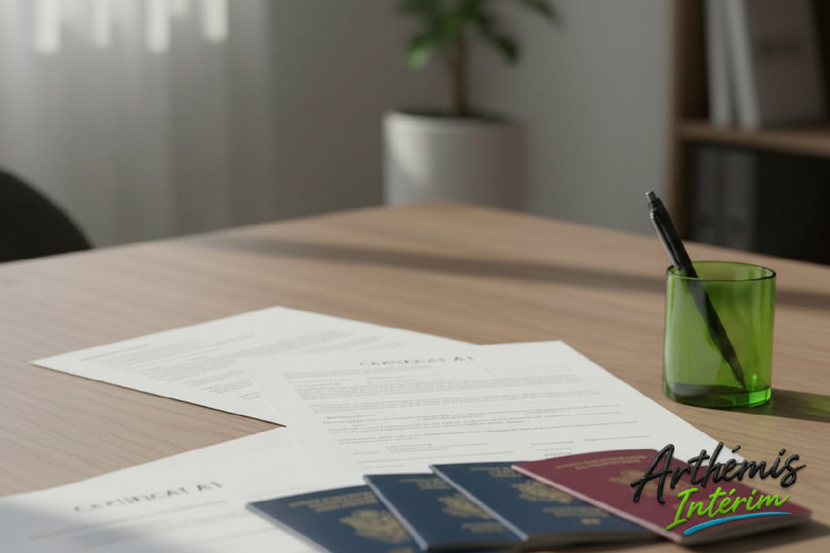 Bureau : documents administratifs pour l'intérim international.
