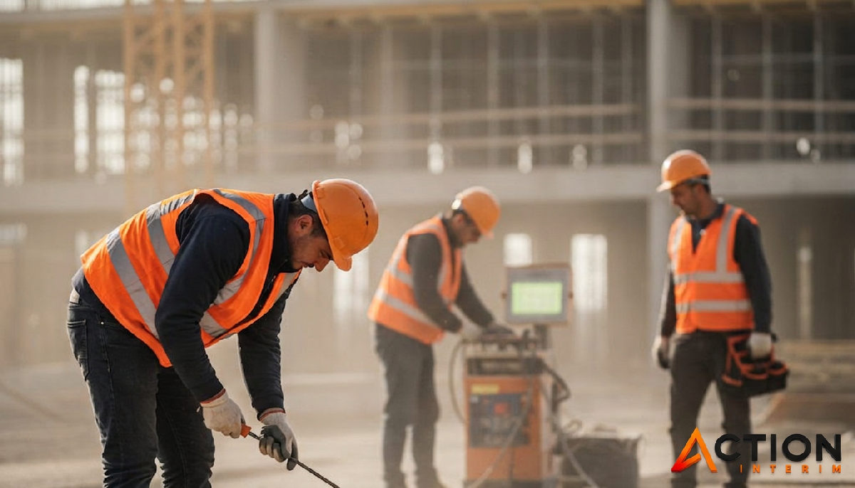 Ouvriers roumains qualifiés sur un grand chantier, équipés de matériel de sécurité.