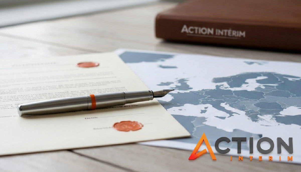 Document légal, stylo et carte d'Europe pour le détachement international.
