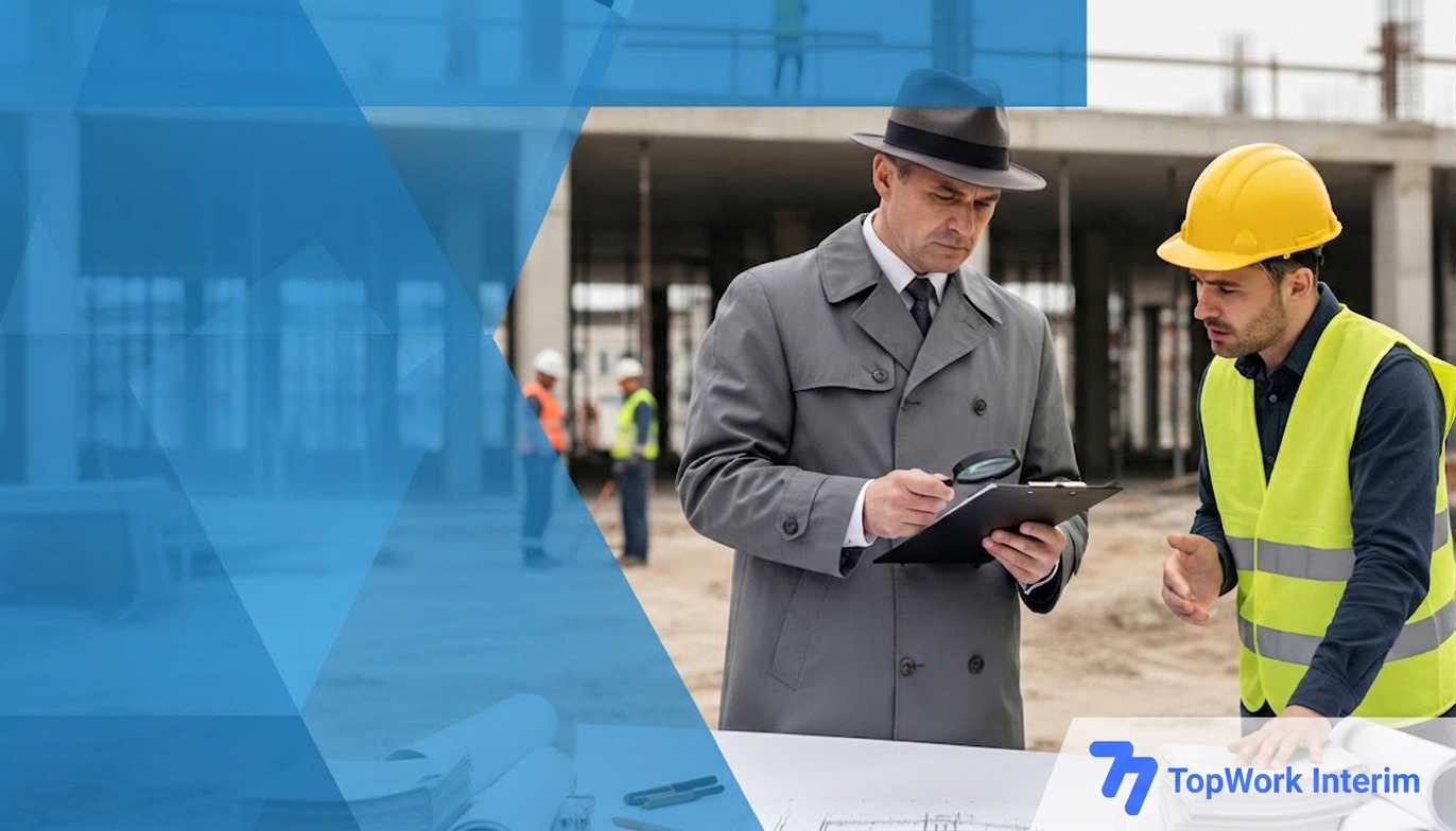 Inspecteur URSSAF vérifiant des documents sur un chantier.