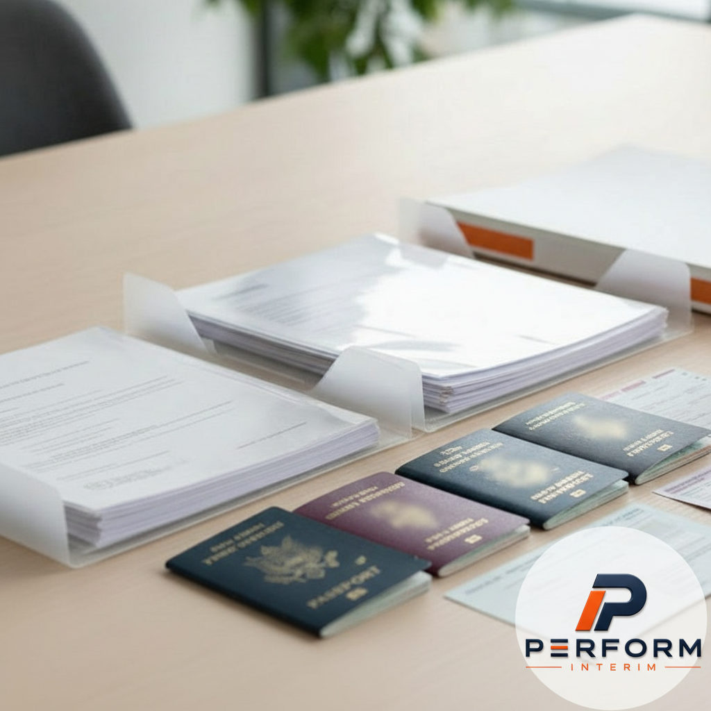 quels documents pour un intérimaire étranger - Bureau avec dossiers, passeports et permis de travail.