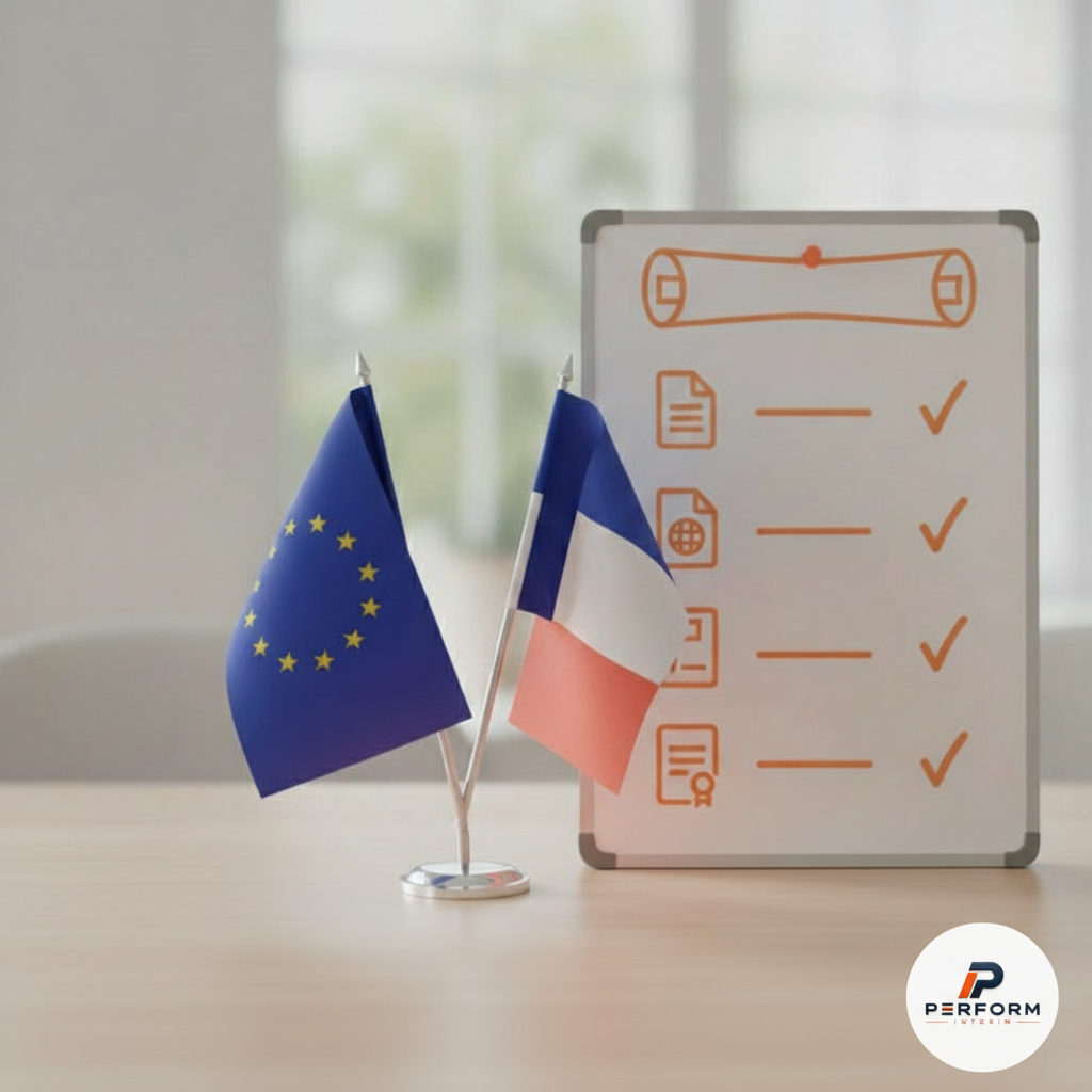 Infographie : drapeaux UE/France et liste de documents.