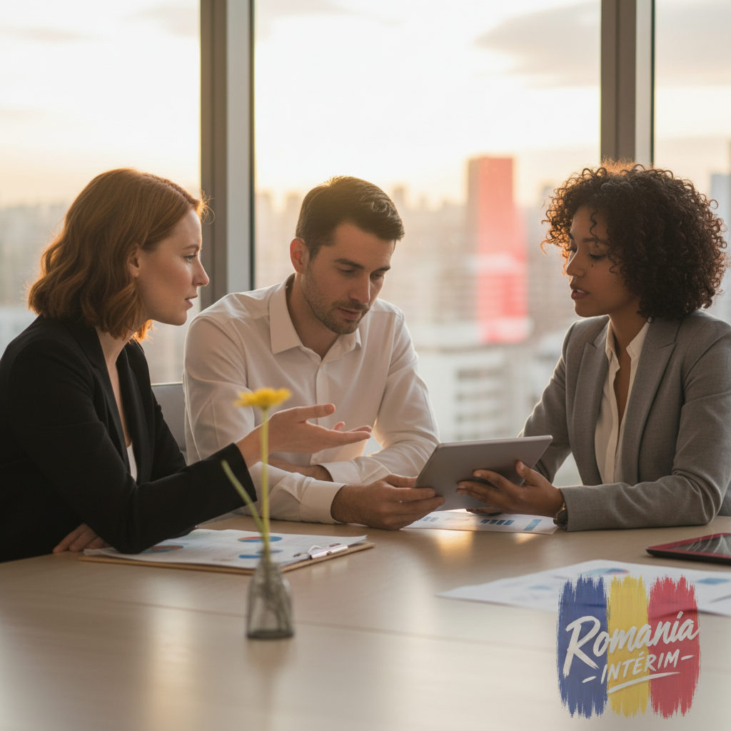 comment recruter via Romania Intérim - Recruteurs discutant du recrutement en Roumanie dans un bureau.