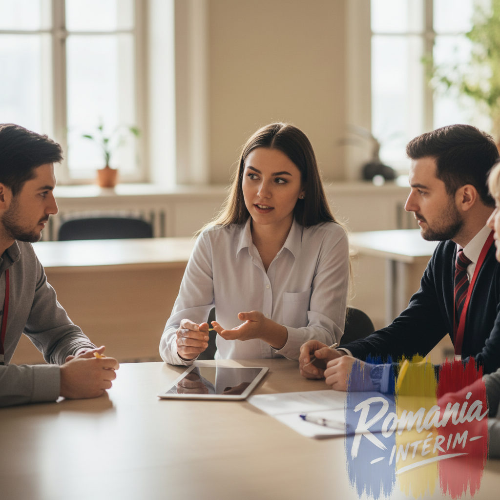 Équipe de Romania Intérim menant des entretiens et tests de compétences.