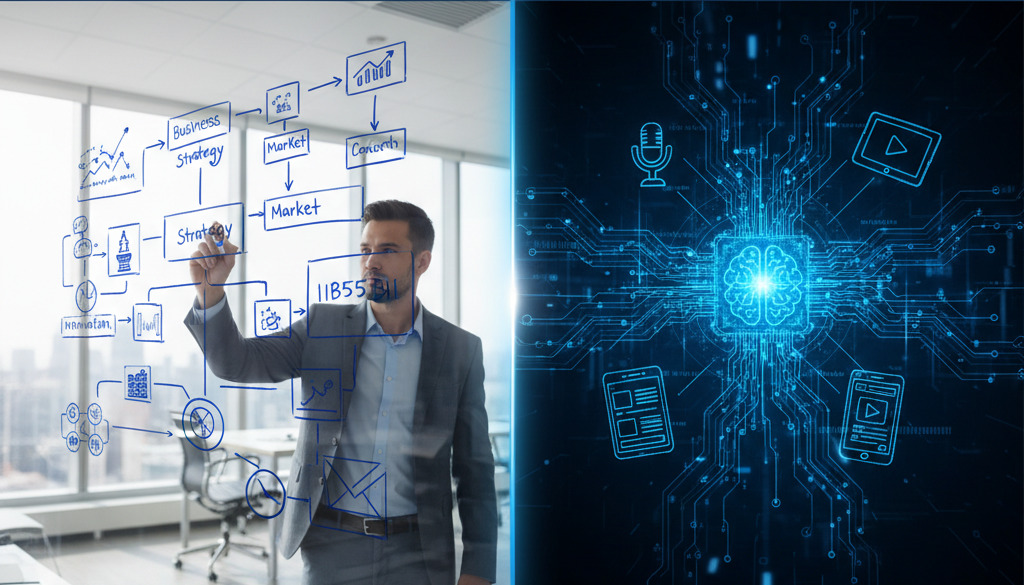 Human strategy on whiteboard transformed into AI-generated content.
