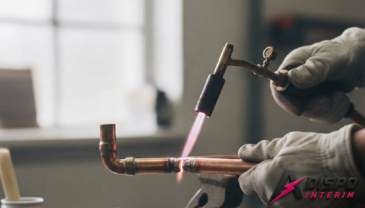 Mains expertes de plombier soudant des tubes de cuivre avec précision.