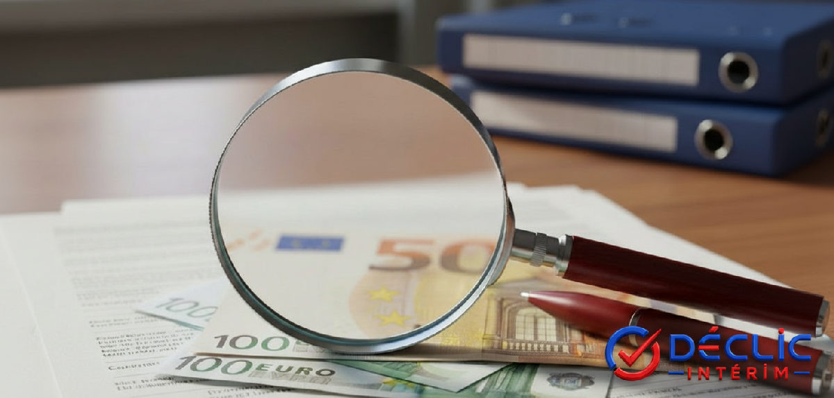 Loupe sur des documents fiscaux et des euros pour la gestion des intérimaires roumains.