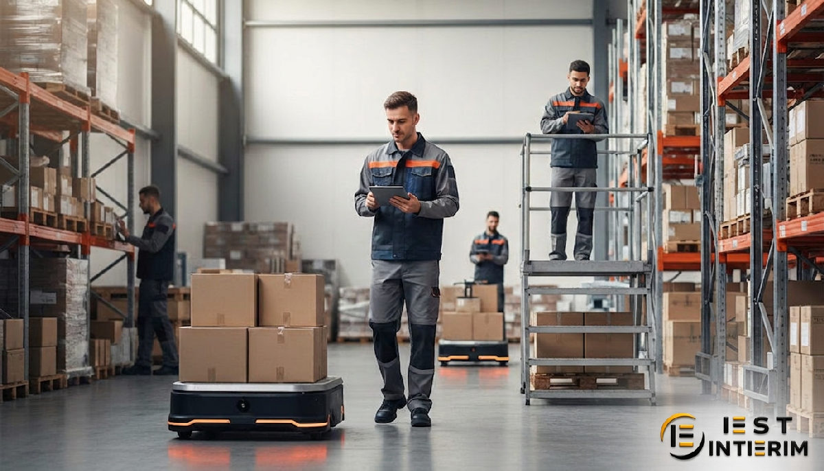 Entrepôt logistique moderne avec préparateurs de commandes et technologie.