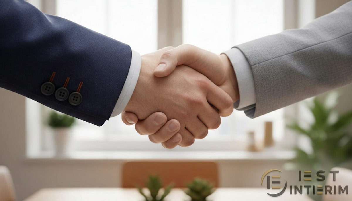 Poignée de main professionnelle entre un gérant et un responsable d'agence.