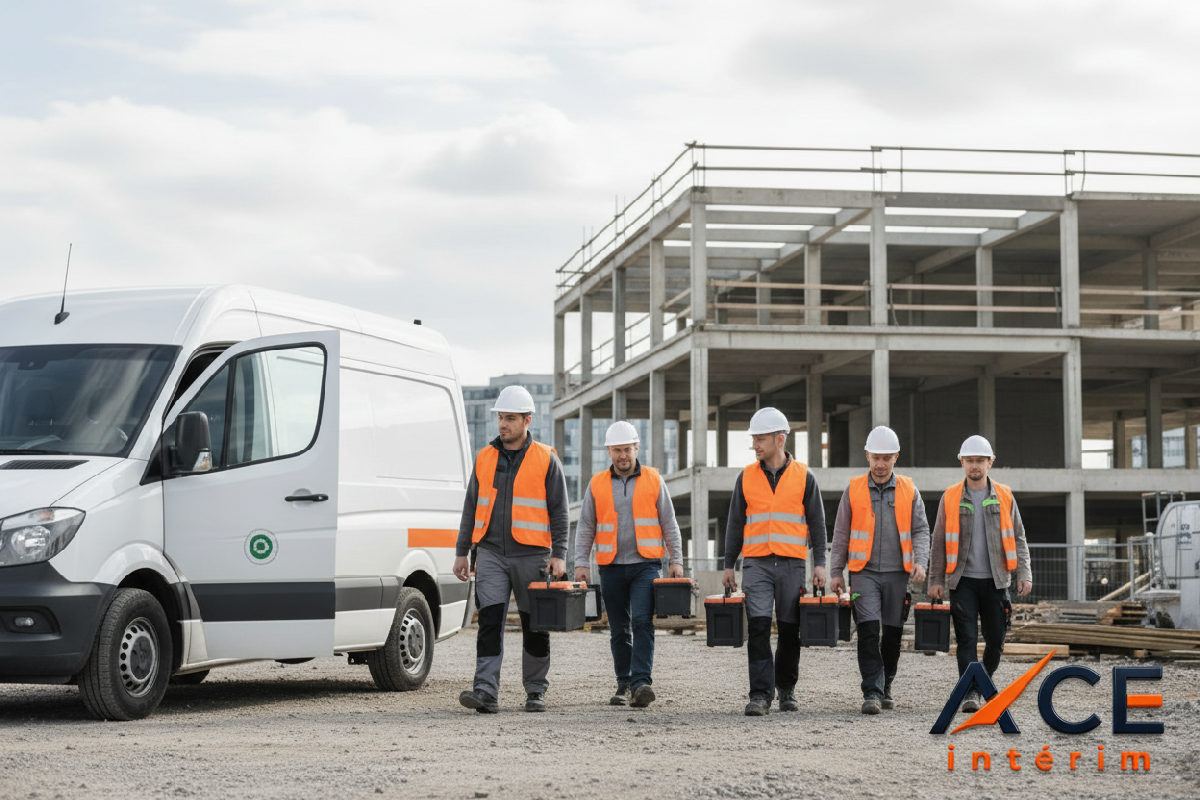 Ouvriers qualifiés arrivant sur chantier en véhicule optimisé.