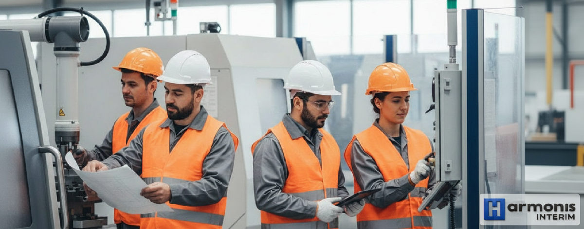 Équipe diversifiée d'ouvriers dans une usine française.