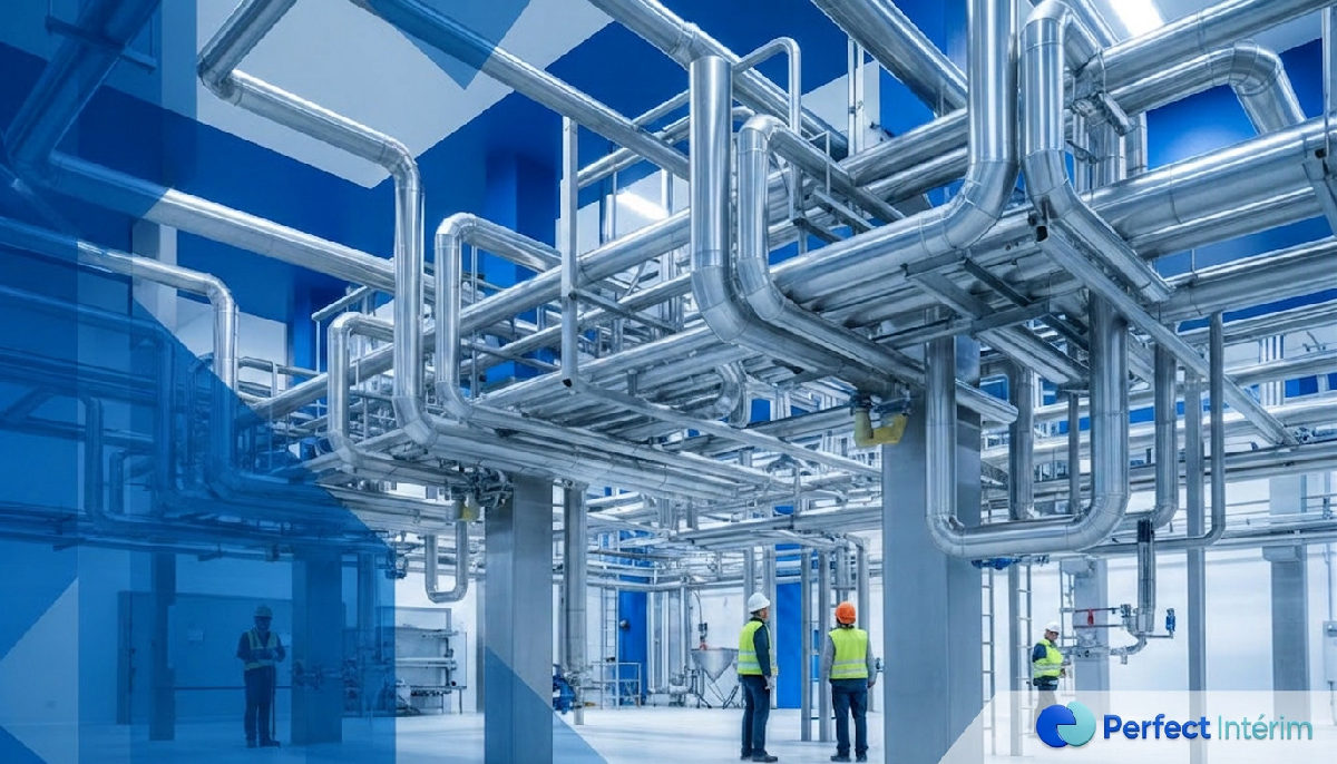Tuyauterie industrielle complexe en acier inoxydable sur un site agroalimentaire.