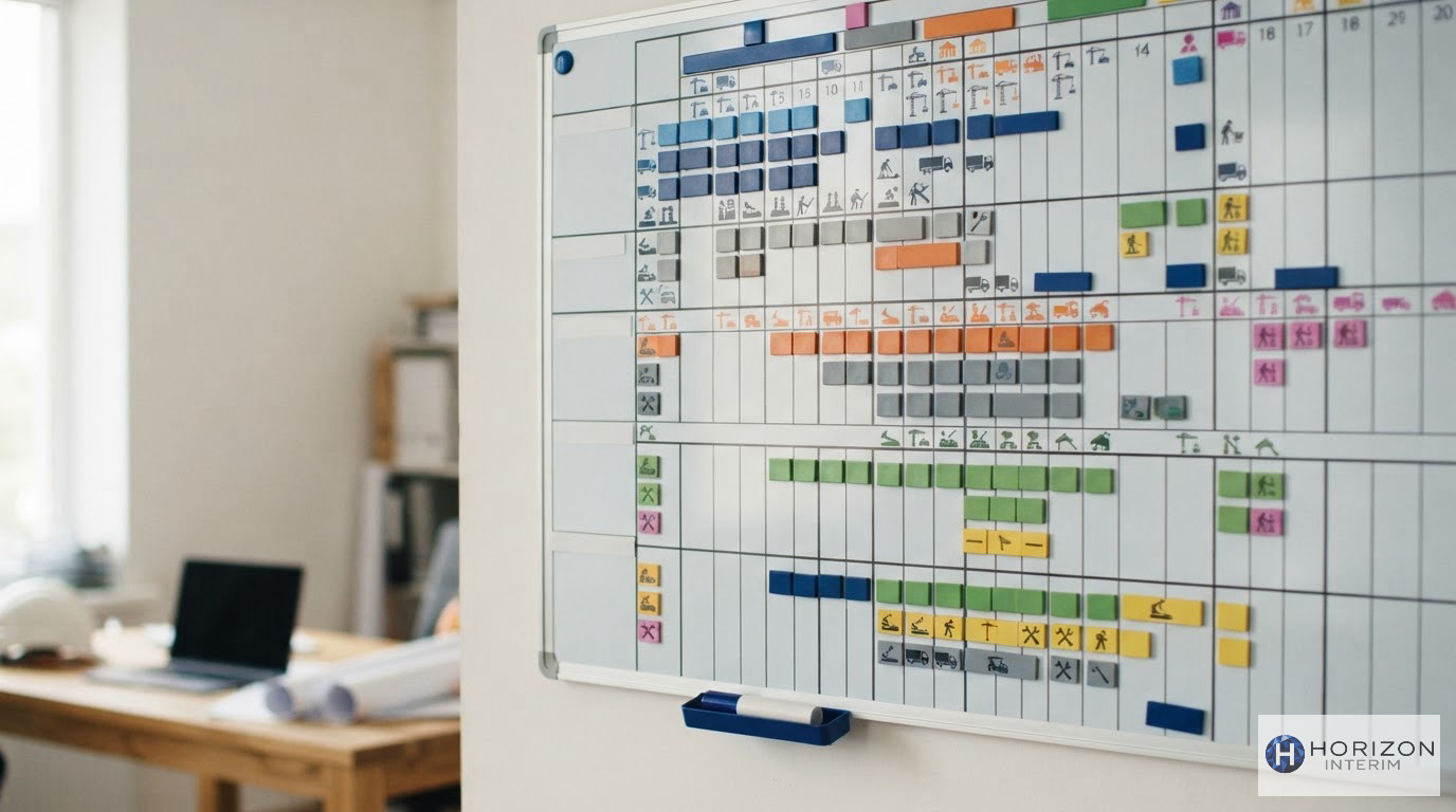 Tableau de bord numérique organisant les phases de construction et équipes.