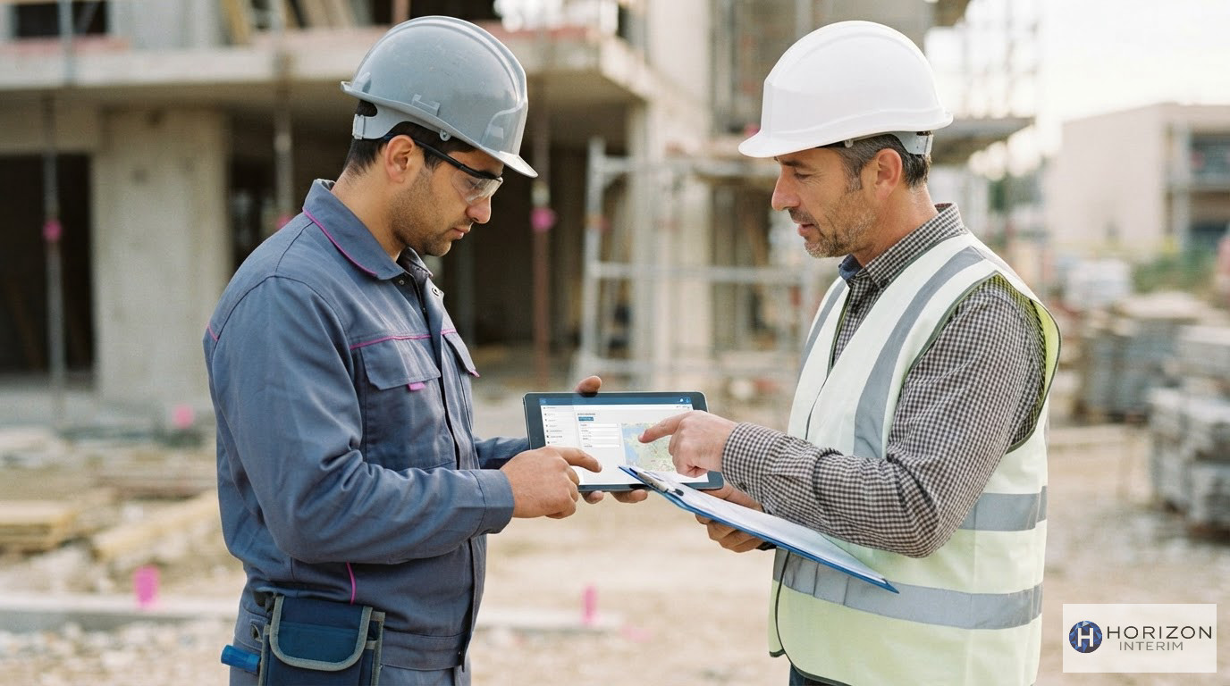 Ouvrier et chef de chantier consultant un document SIPSI sur tablette.