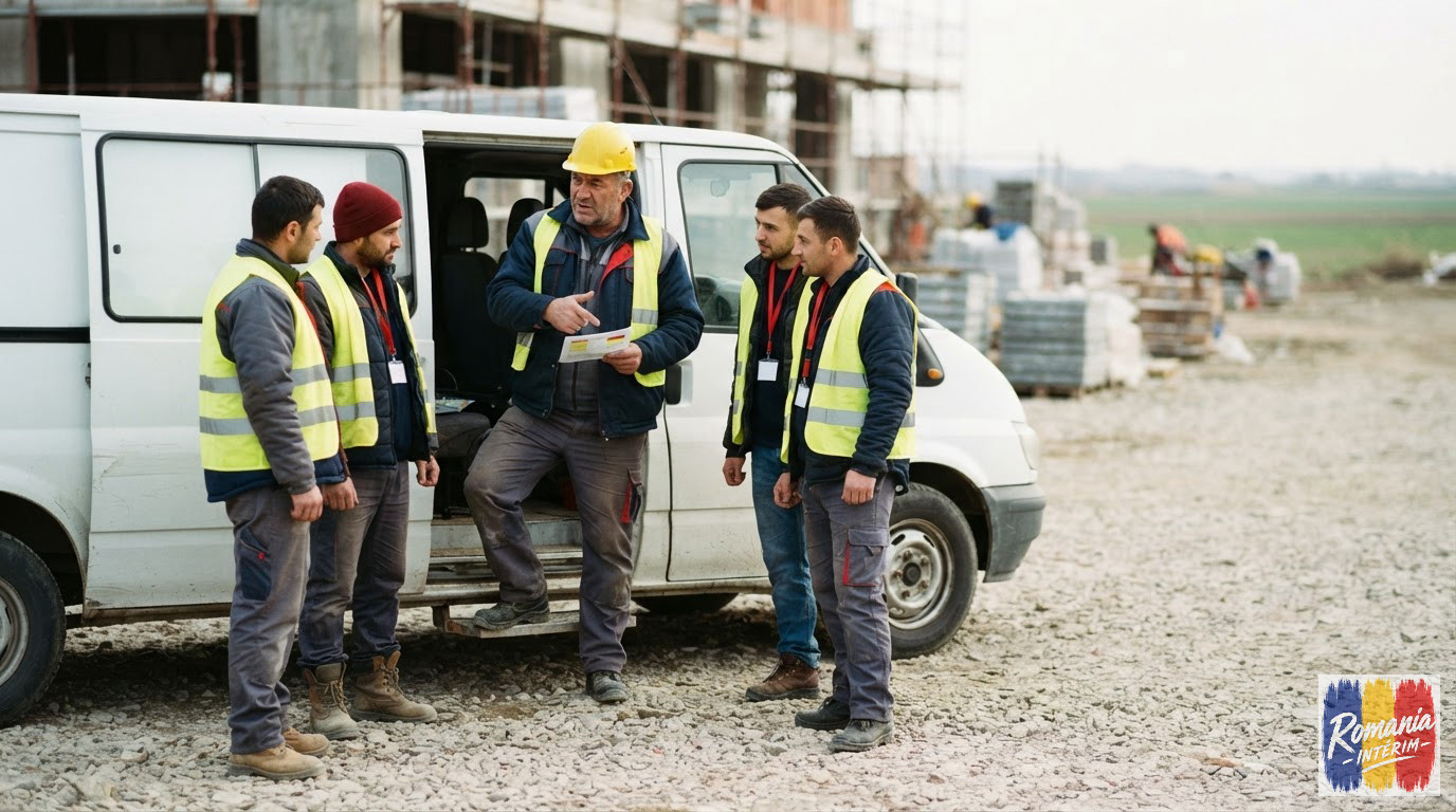 Un chef de chantier donnant des consignes à des travailleurs roumains devant un utilitaire.