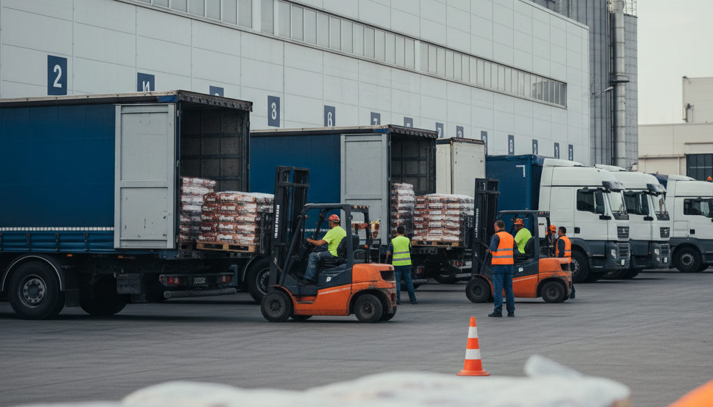 Ouvriers roumains chargeant des camions dans un entrepôt logistique à côté d'une usine.