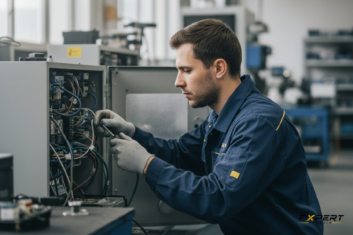 Technicien qualifié travaillant sur une machine complexe.