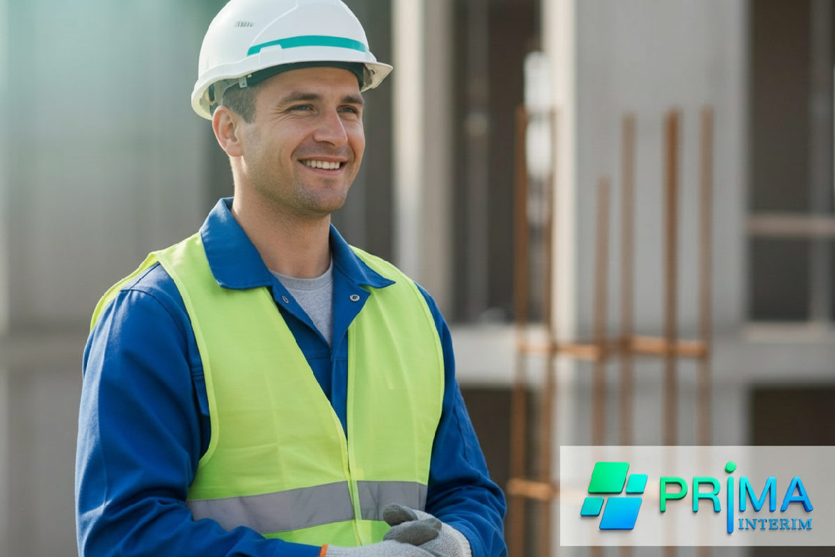 Ouvrier roumain souriant, casque de sécurité, illustrant le bien-être au travail.