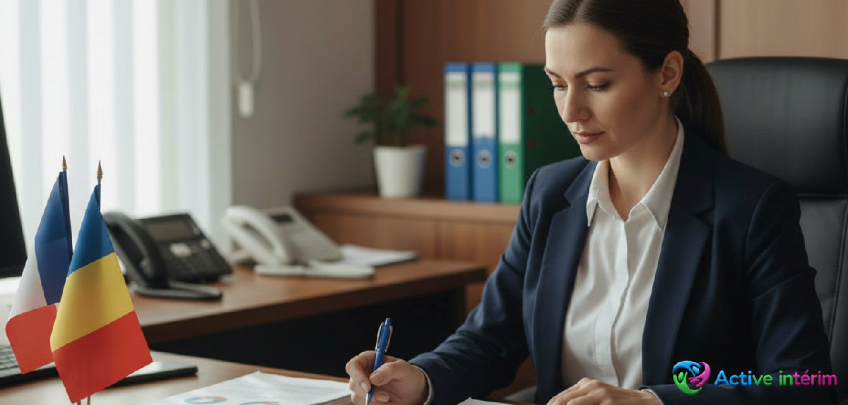 recruter intérimaire roumain quelles démarches - Recruteur avec drapeaux français et roumain, focus recrutement.