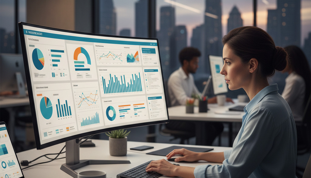 Marketing professional analyzing AI-generated SEO site audit on screen.