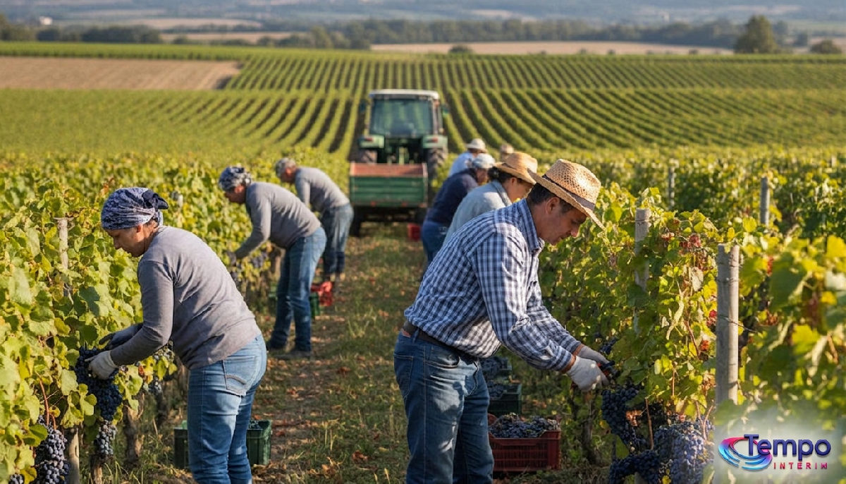 saisonniers roumains vendanges agriculture - Travailleurs saisonniers roumains récoltant du raisin dans un vignoble français.