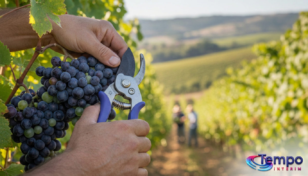 Gros plan sur des mains expertes coupant une grappe de raisin mûre.