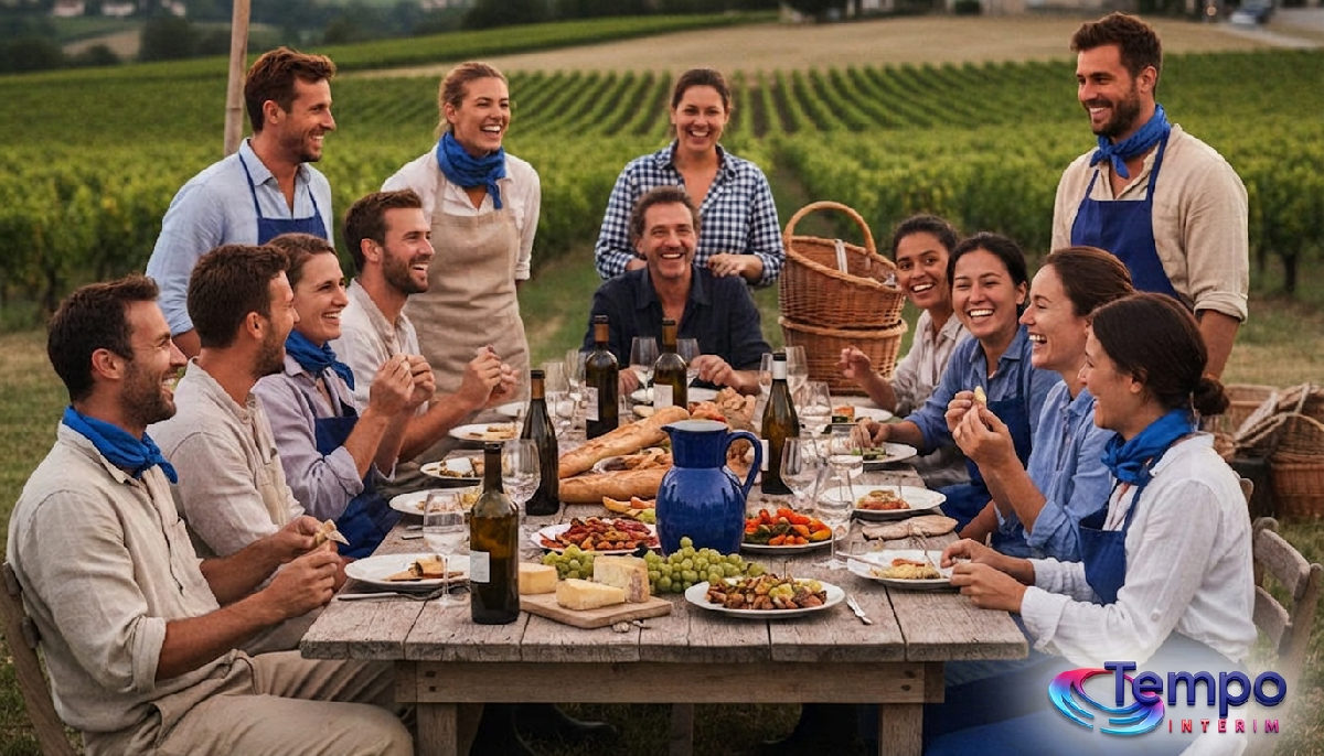 Saisonniers heureux partageant un repas convivial après une journée de vendanges.