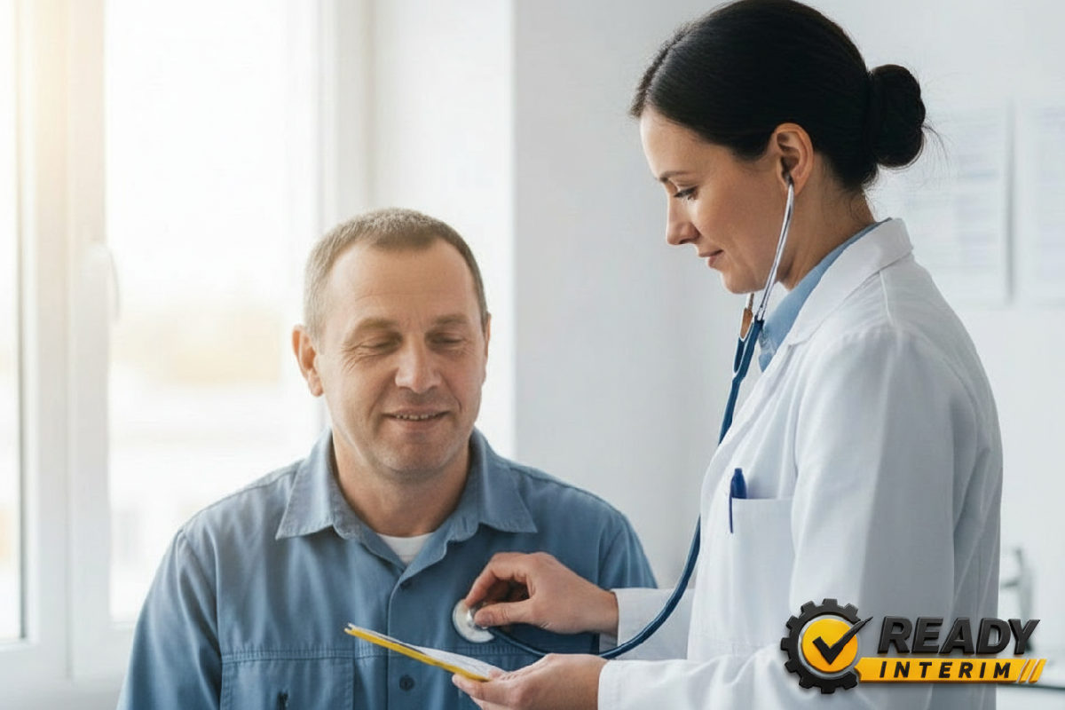 Médecin français examinant un travailleur roumain, illustrant l'accès aux soins.