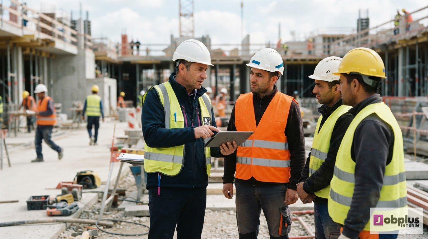 Des travailleurs du bâtiment discutant sur un chantier après une déclaration conforme.