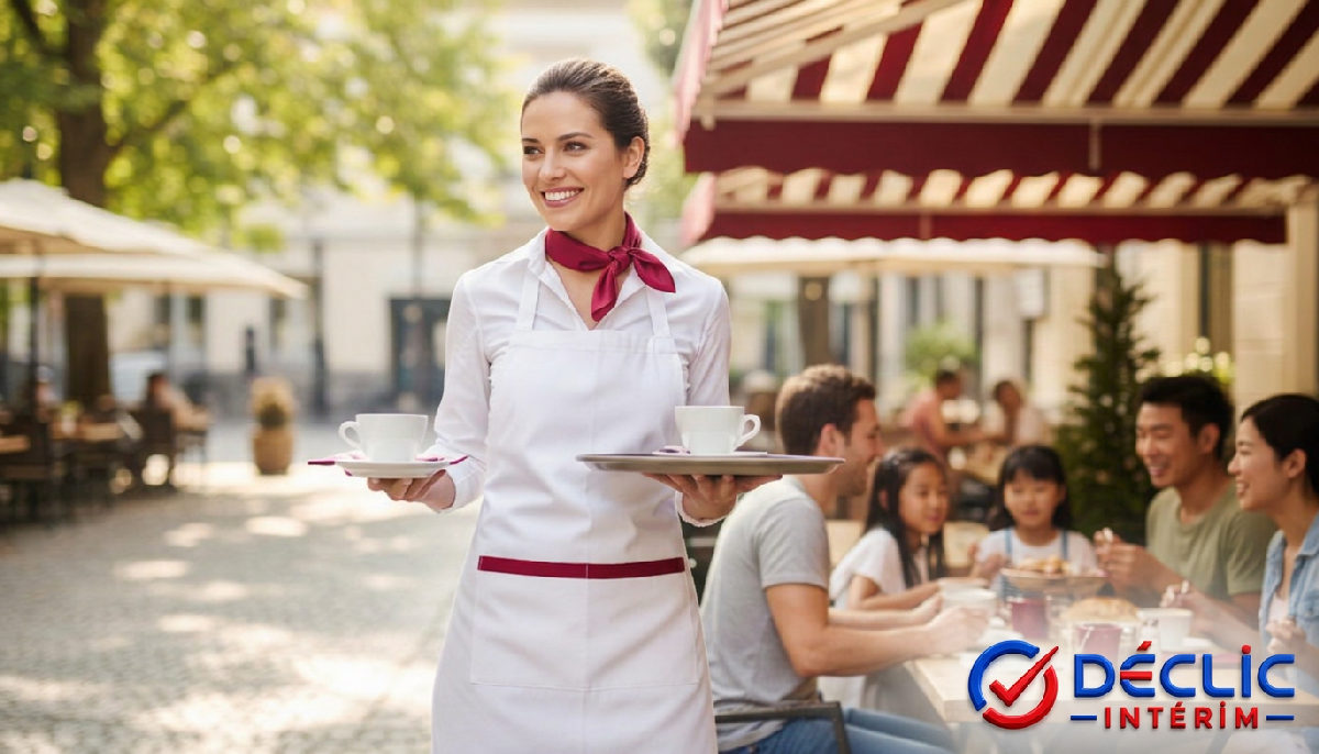 Serveuse souriante au service, personnel international pour le tourisme.