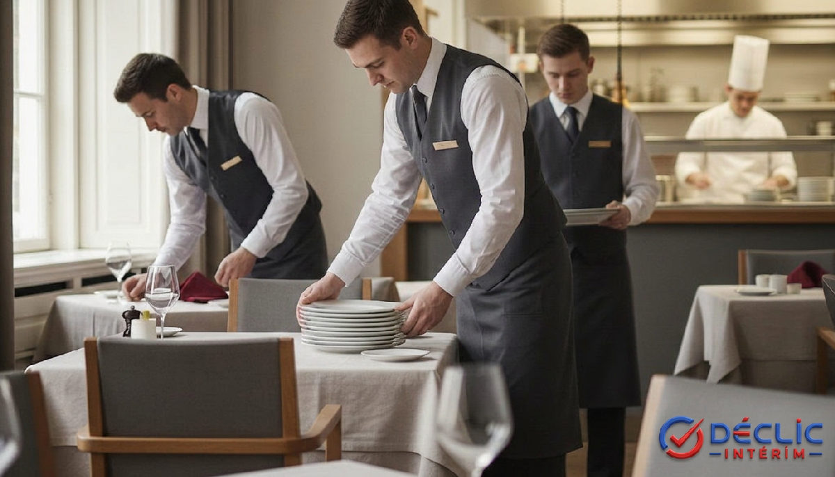 Salle de restaurant prête, efficacité du personnel qualifié en action.