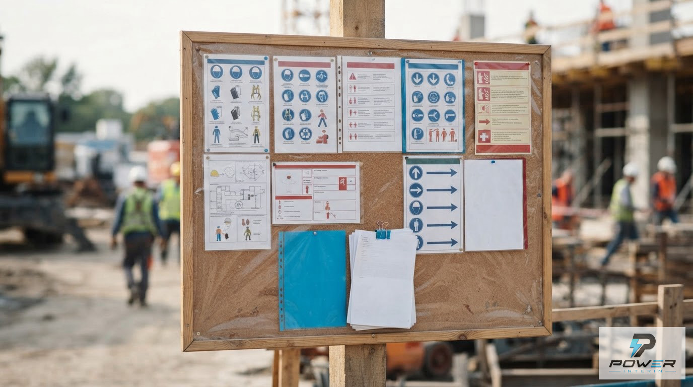 Panneau d'affichage multilingue présentant les droits des salariés sur un chantier.