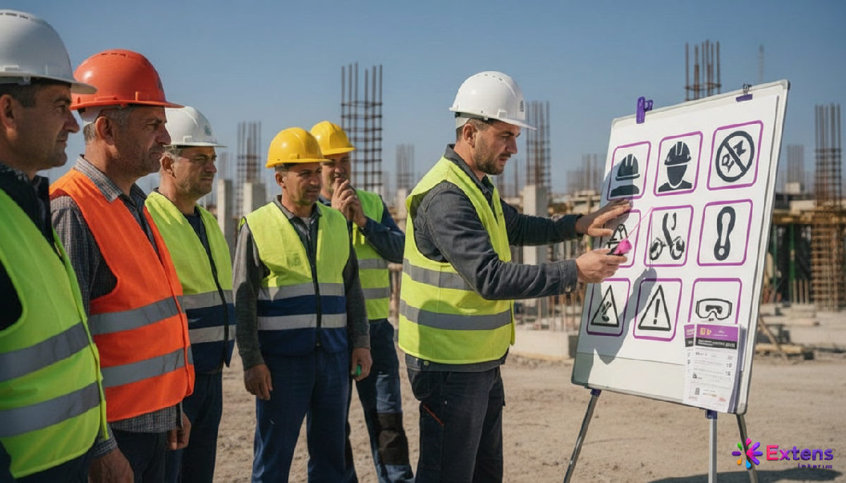Formation sécurité sur chantier : pictogrammes expliqués aux ouvriers roumains.