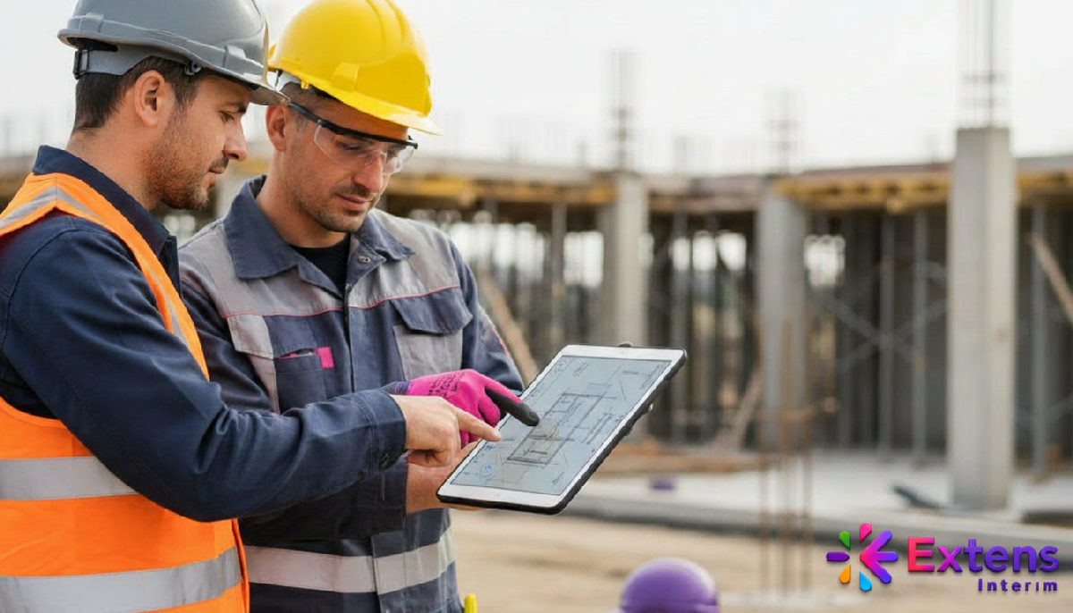 Chef d'équipe et maçon roumain examinant les plans sur tablette.