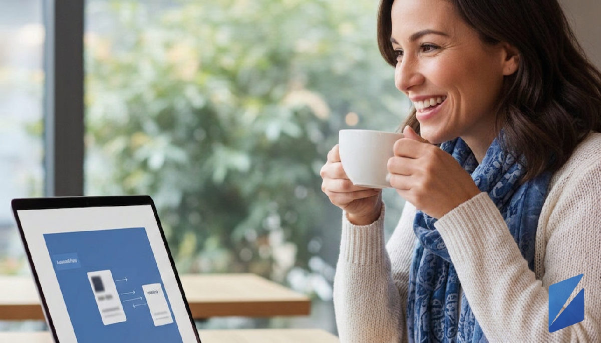 Shopify store owner enjoys coffee as AI automates blog post publishing.
