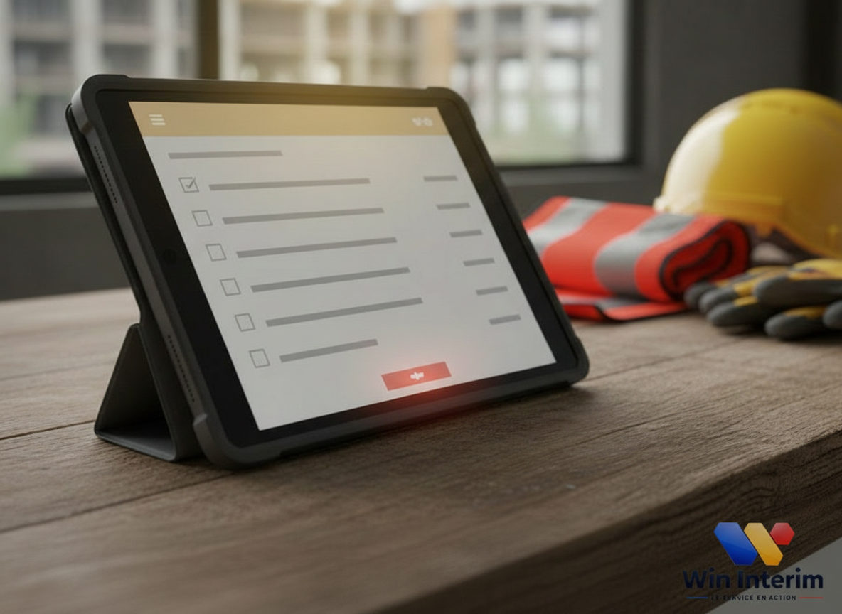 Checklist de conformité sur une tablette posée sur un plan de travail.