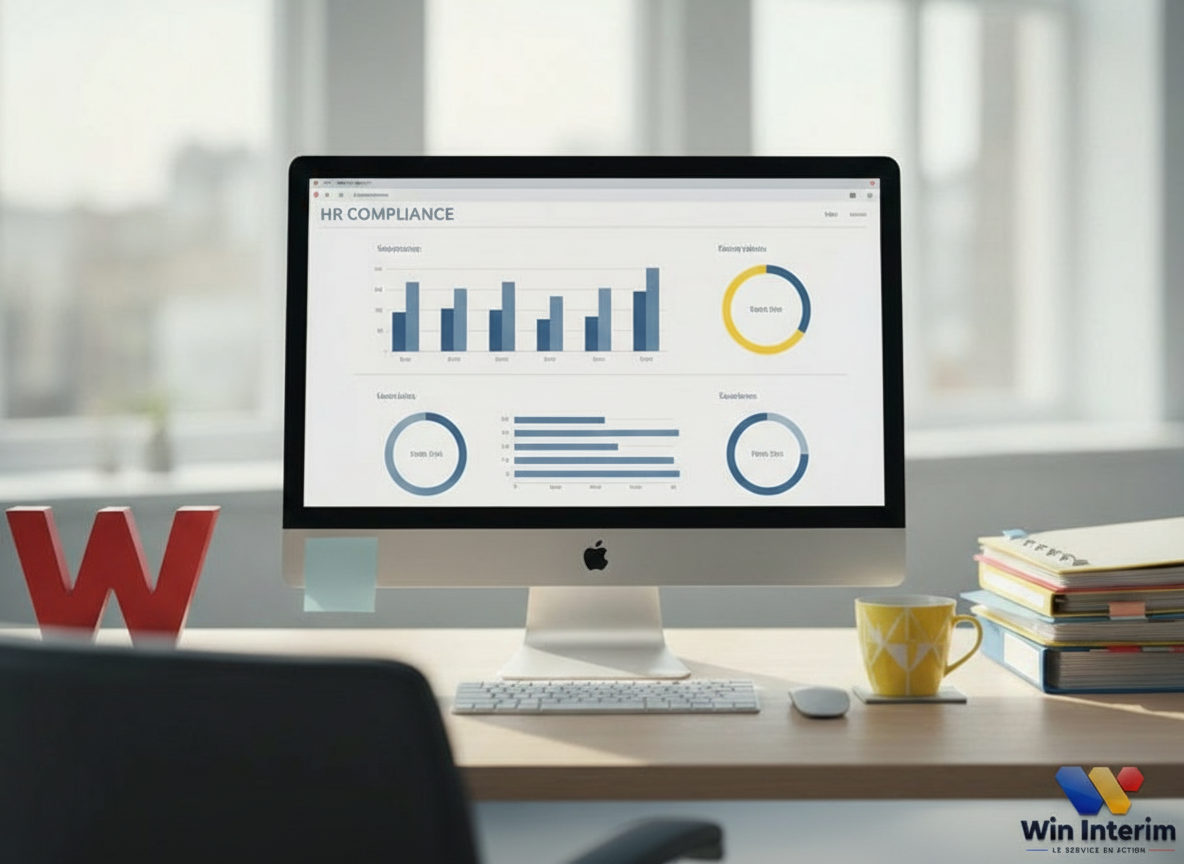 Bureau avec logo Win Interim, dossiers classés et tableau de bord RH.