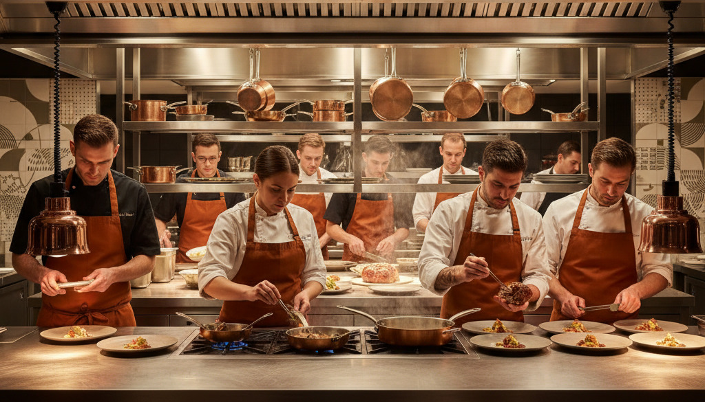 Une cuisine de restaurant gastronomique animée et professionnelle.