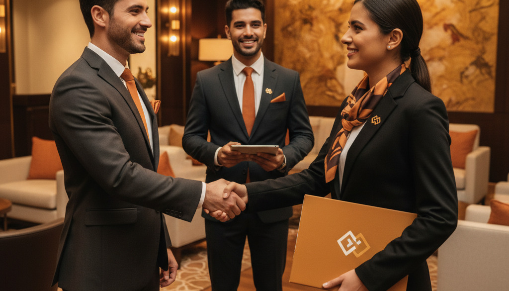 Un responsable RH accueille un nouvel employé dans un hôtel.