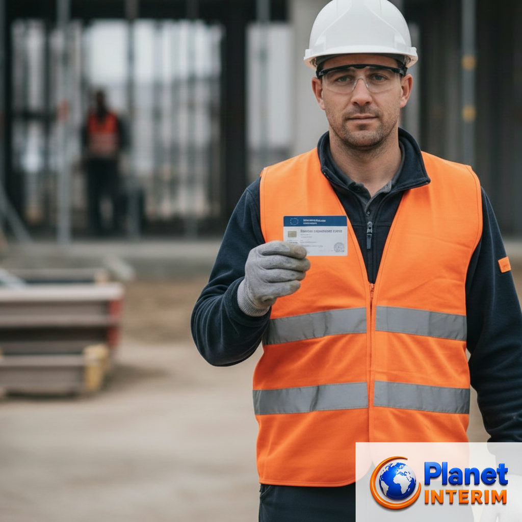 Ouvrier roumain sur un chantier français avec sa carte d'assurance maladie.