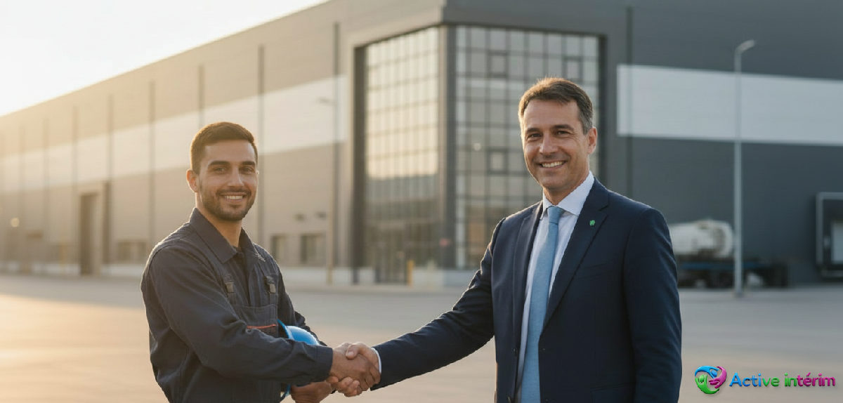 Poignée de main franco-roumaine devant un site industriel, mission réussie.