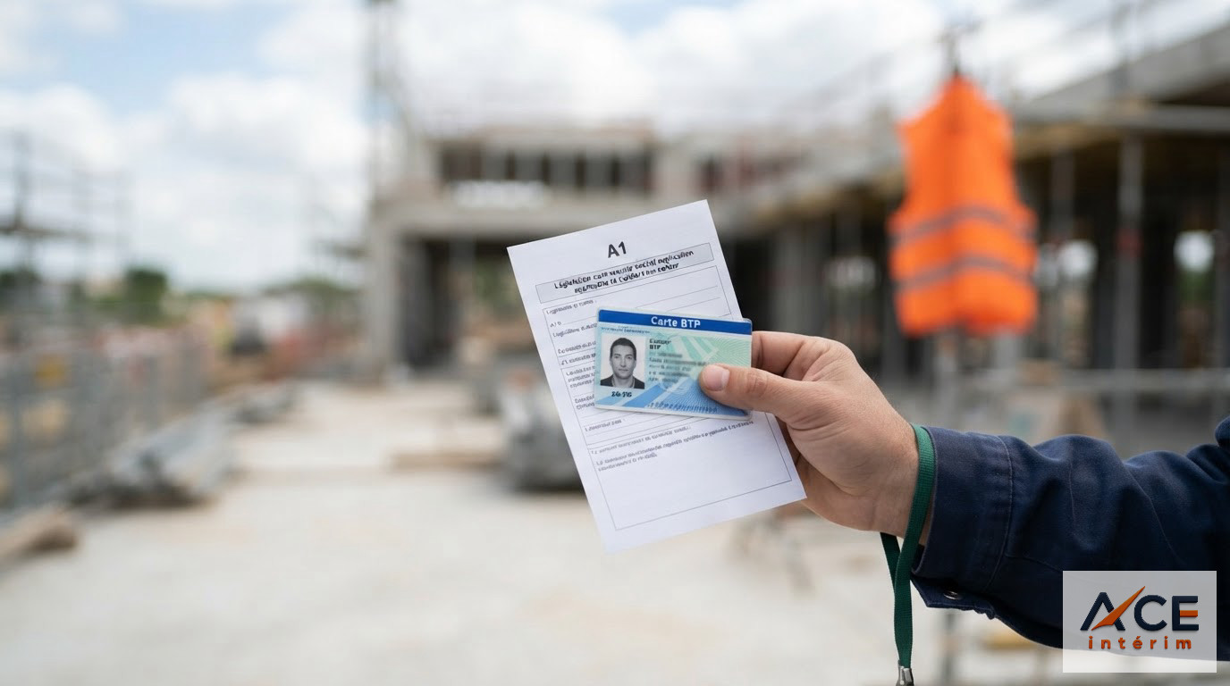 Une carte BTP et un certificat A1 présentés devant un chantier en arrière-plan.