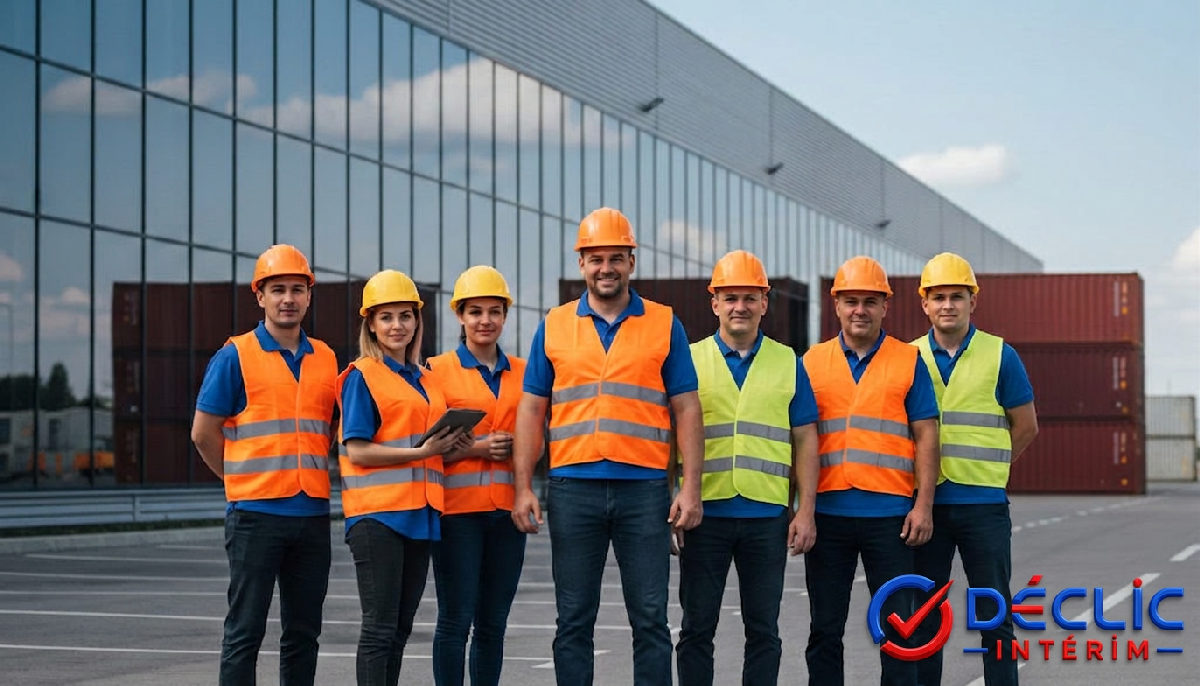Travailleurs roumains qualifiés, confiants devant un entrepôt logistique moderne.