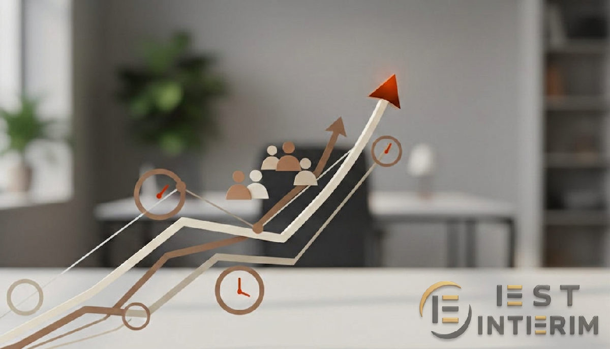 Productivité accrue, symbolisée par des horloges et des équipes collaboratives.
