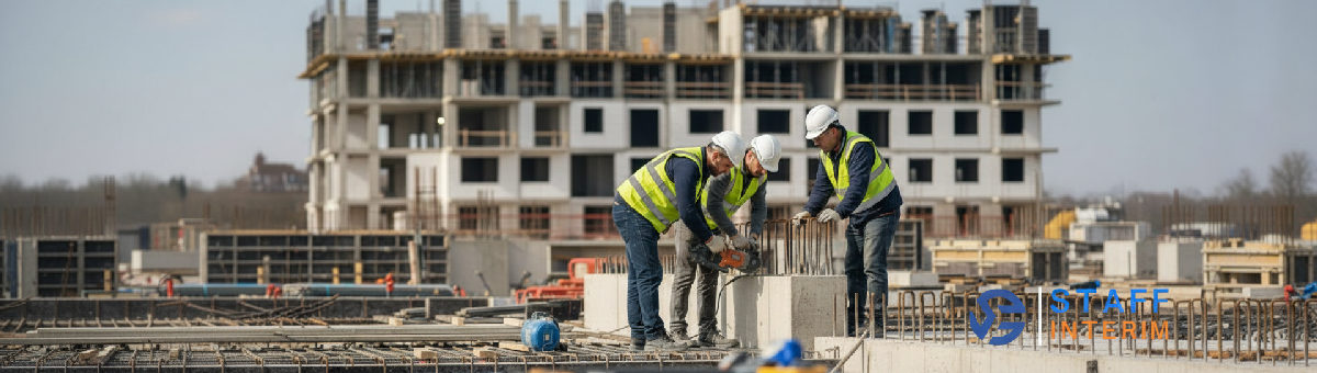 Équipe d'ouvriers qualifiés travaillant sur un chantier en France.